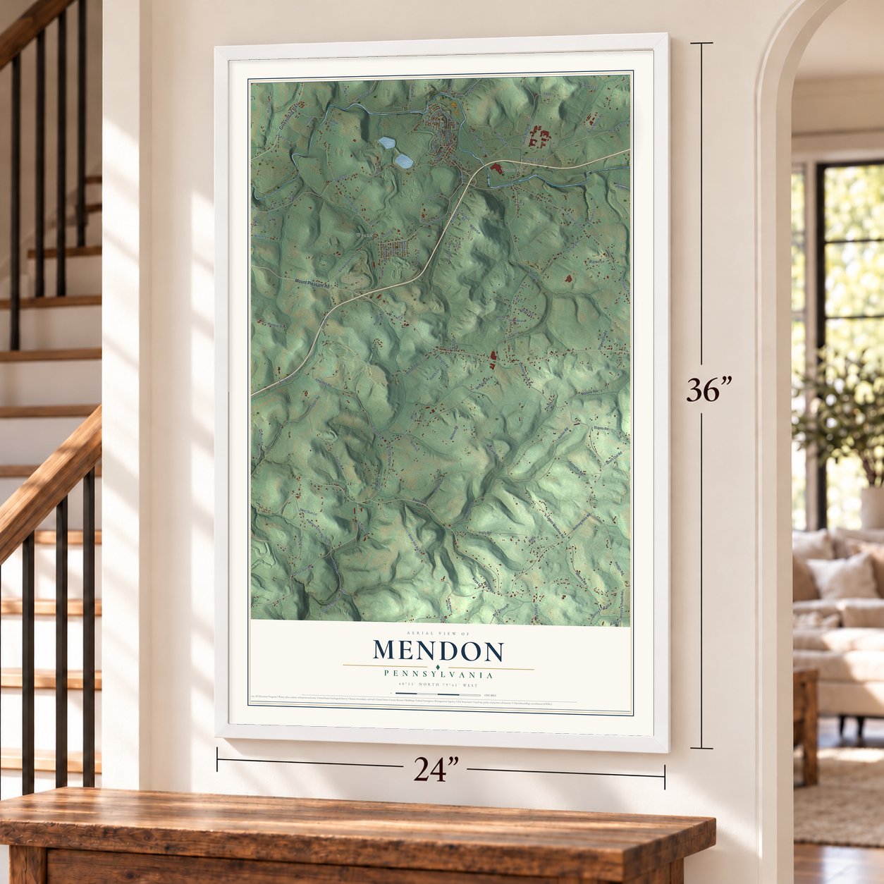 Mendon, Pennsylvania map, 24 x 36 inch print in a white frame by a staircase