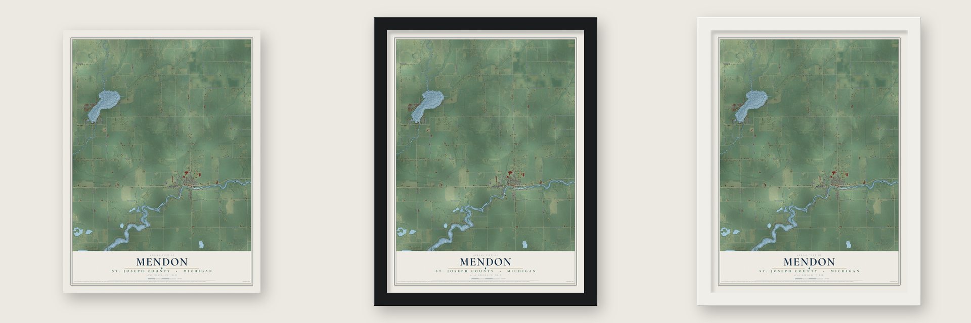 Mendon, St. Joseph County, Michigan map unframed, in a black wood frame and in a white wood frame