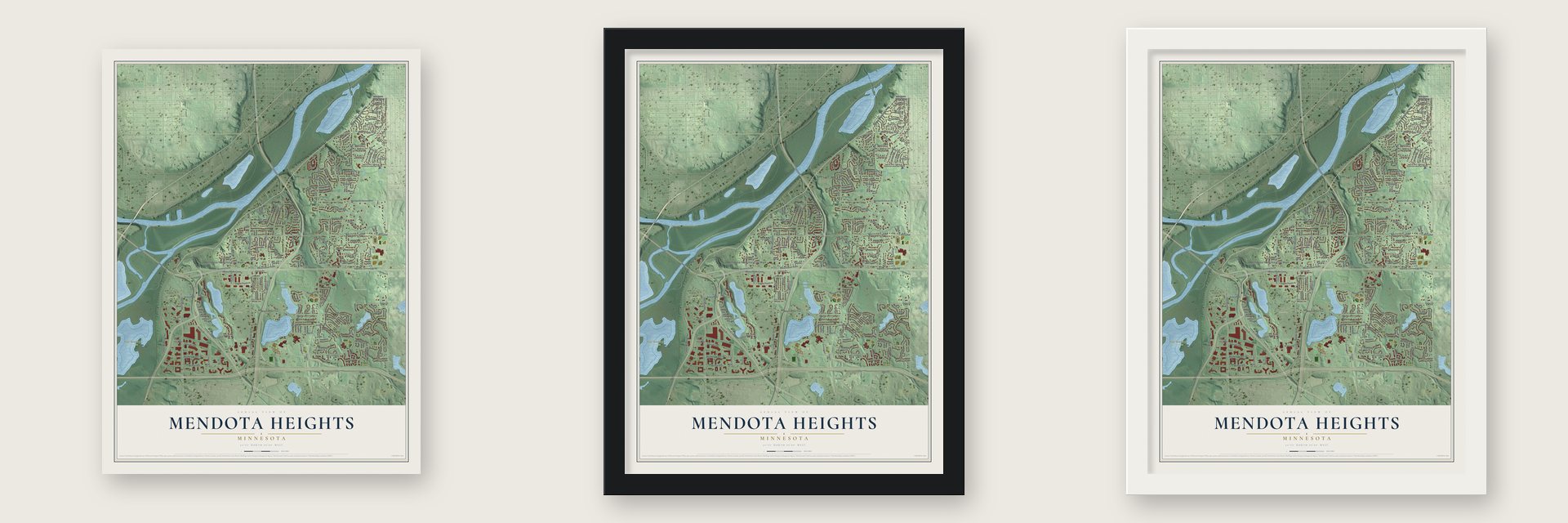 Mendota Heights, Minnesota map unframed, in a black wood frame and in a white wood frame