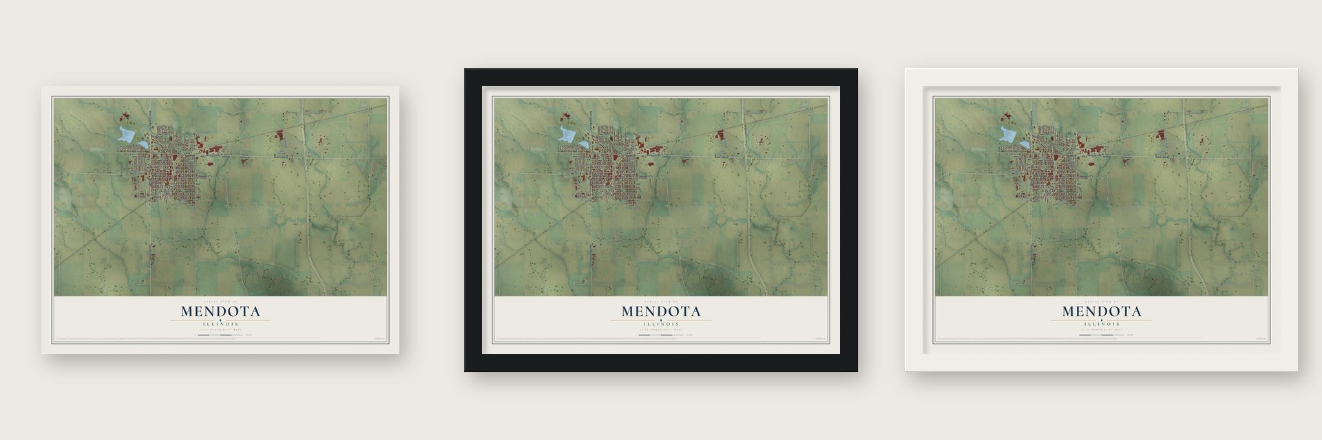 Mendota, Illinois map unframed, in a black wood frame and in a white wood frame