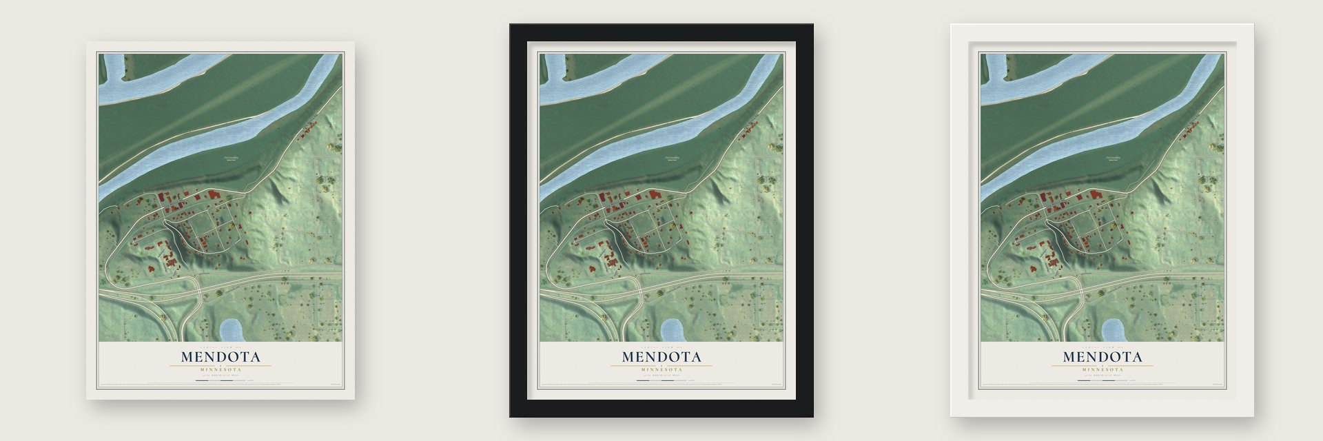 Mendota, Minnesota map unframed, in a black wood frame and in a white wood frame
