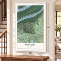 Mendota, Minnesota map, 24 x 36 inch print in a white frame by a staircase