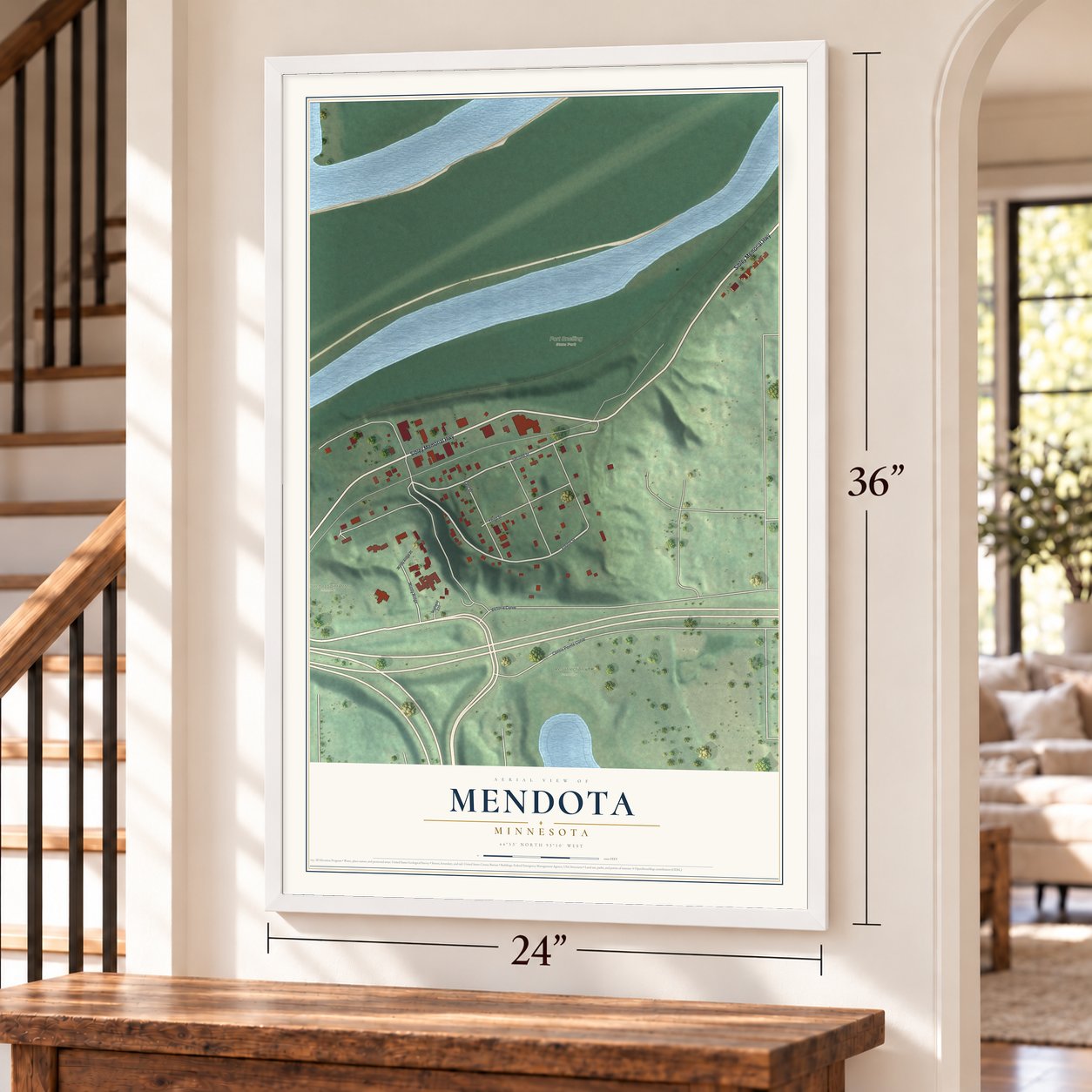 Mendota, Minnesota map, 24 x 36 inch print in a white frame by a staircase