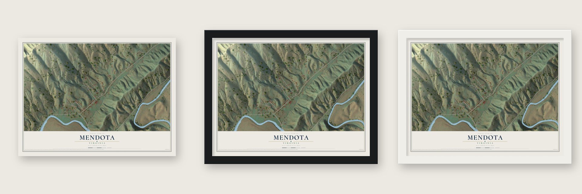Mendota, Virginia map unframed, in a black wood frame and in a white wood frame