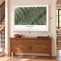 Mendota, Virginia map, 24 x 36 inch print in a white frame above a dresser by a staircase