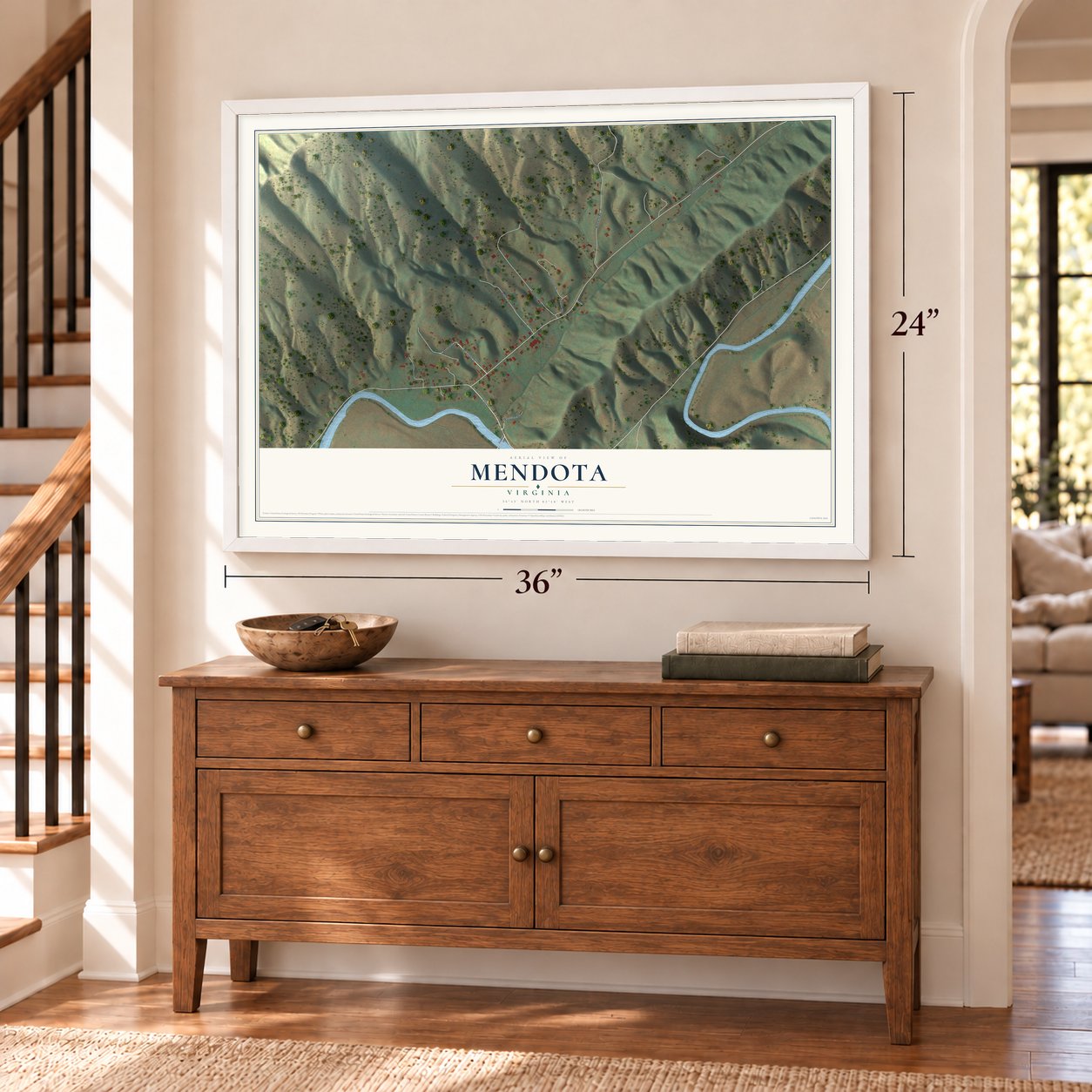 Mendota, Virginia map, 24 x 36 inch print in a white frame above a dresser by a staircase