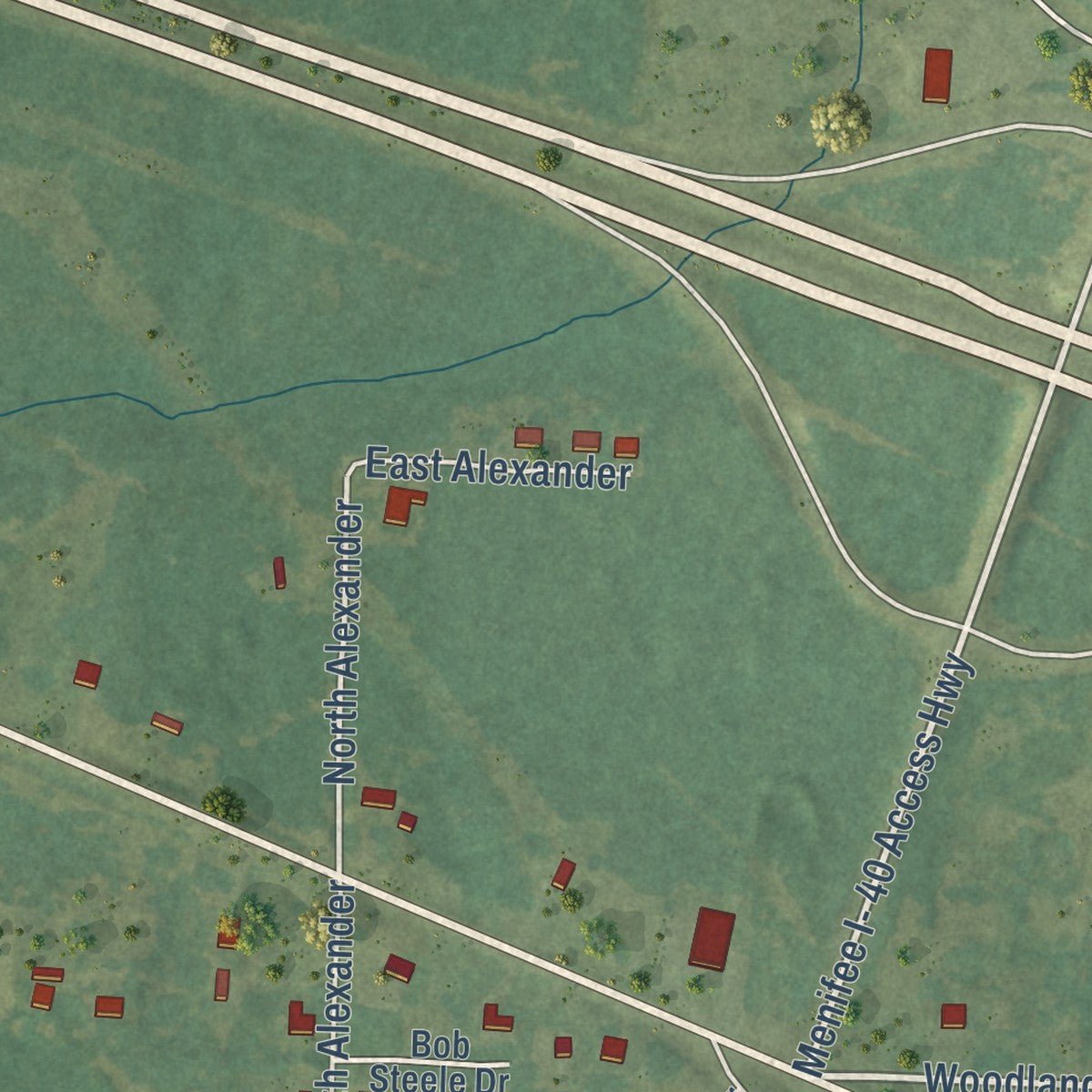 Second close-up of the map of Menifee, Arkansas print showing more streets and buildings
