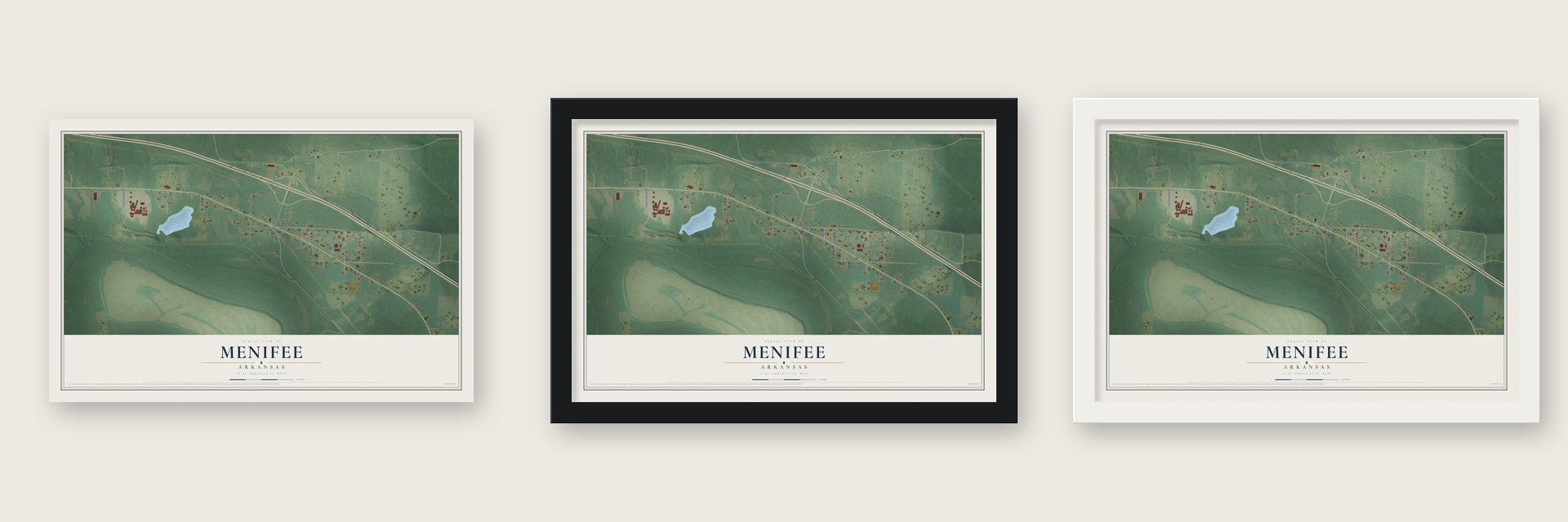 Menifee, Arkansas map unframed, in a black wood frame and in a white wood frame