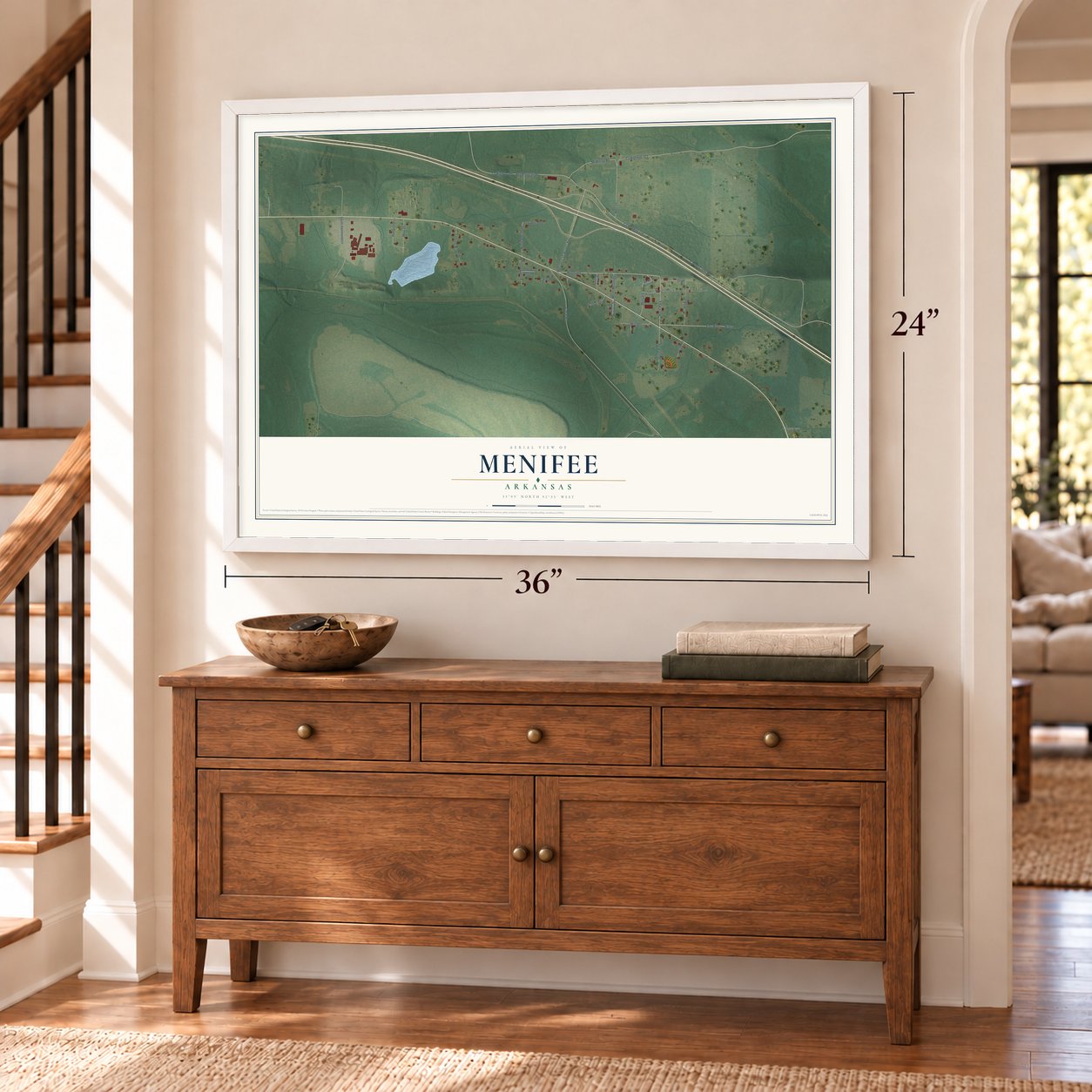 Menifee, Arkansas map, 24 x 36 inch print in a white frame above a dresser by a staircase