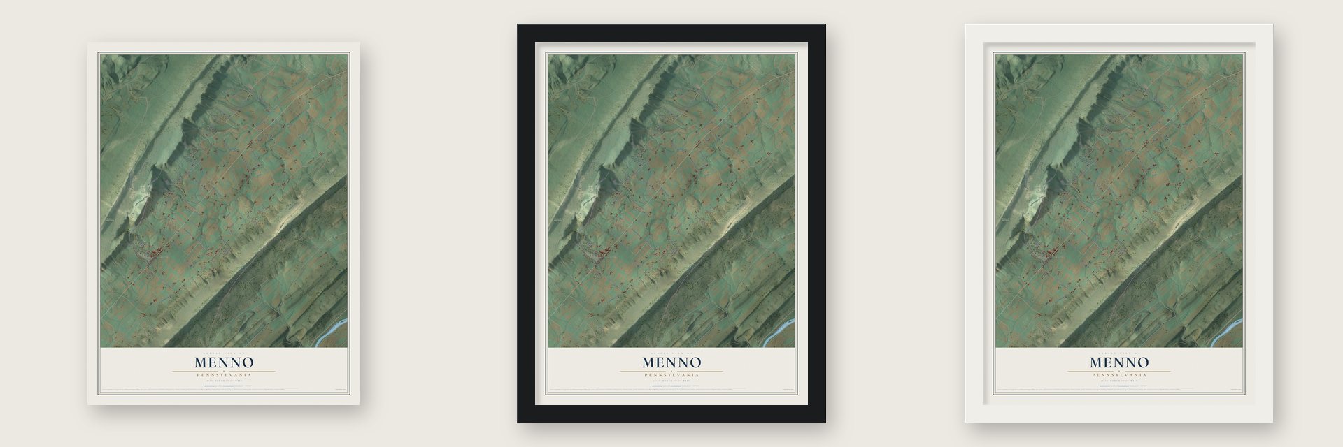 Menno, Pennsylvania map unframed, in a black wood frame and in a white wood frame