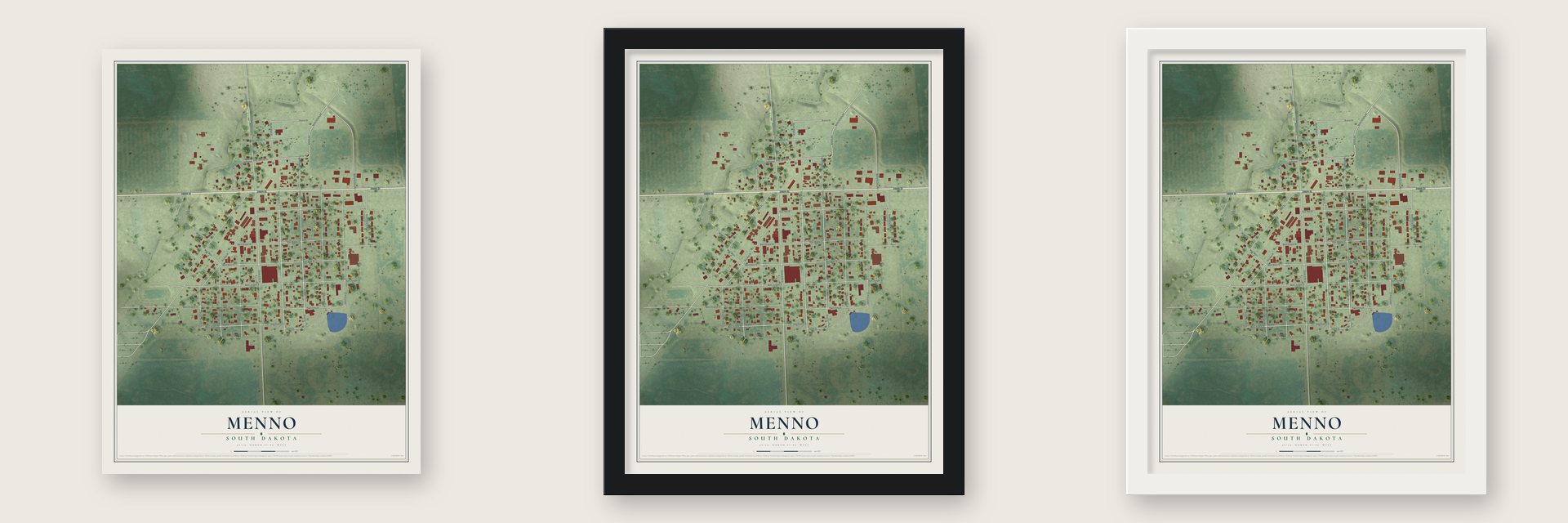 Menno, South Dakota map unframed, in a black wood frame and in a white wood frame