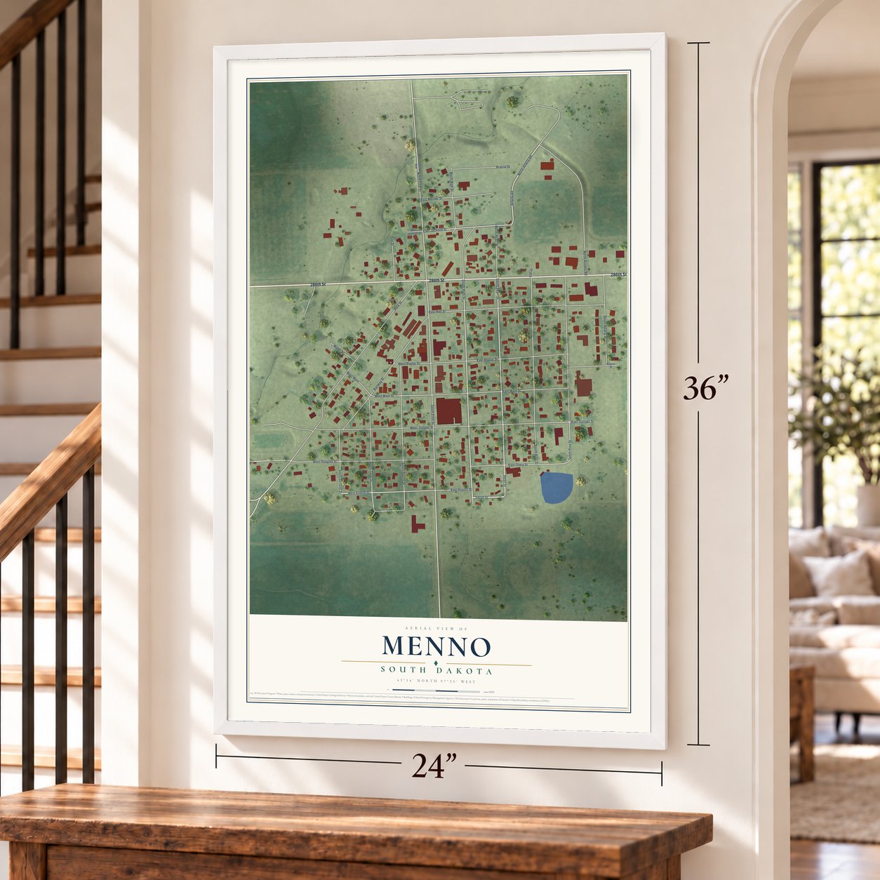 Menno, South Dakota map, 24 x 36 inch print in a white frame by a staircase