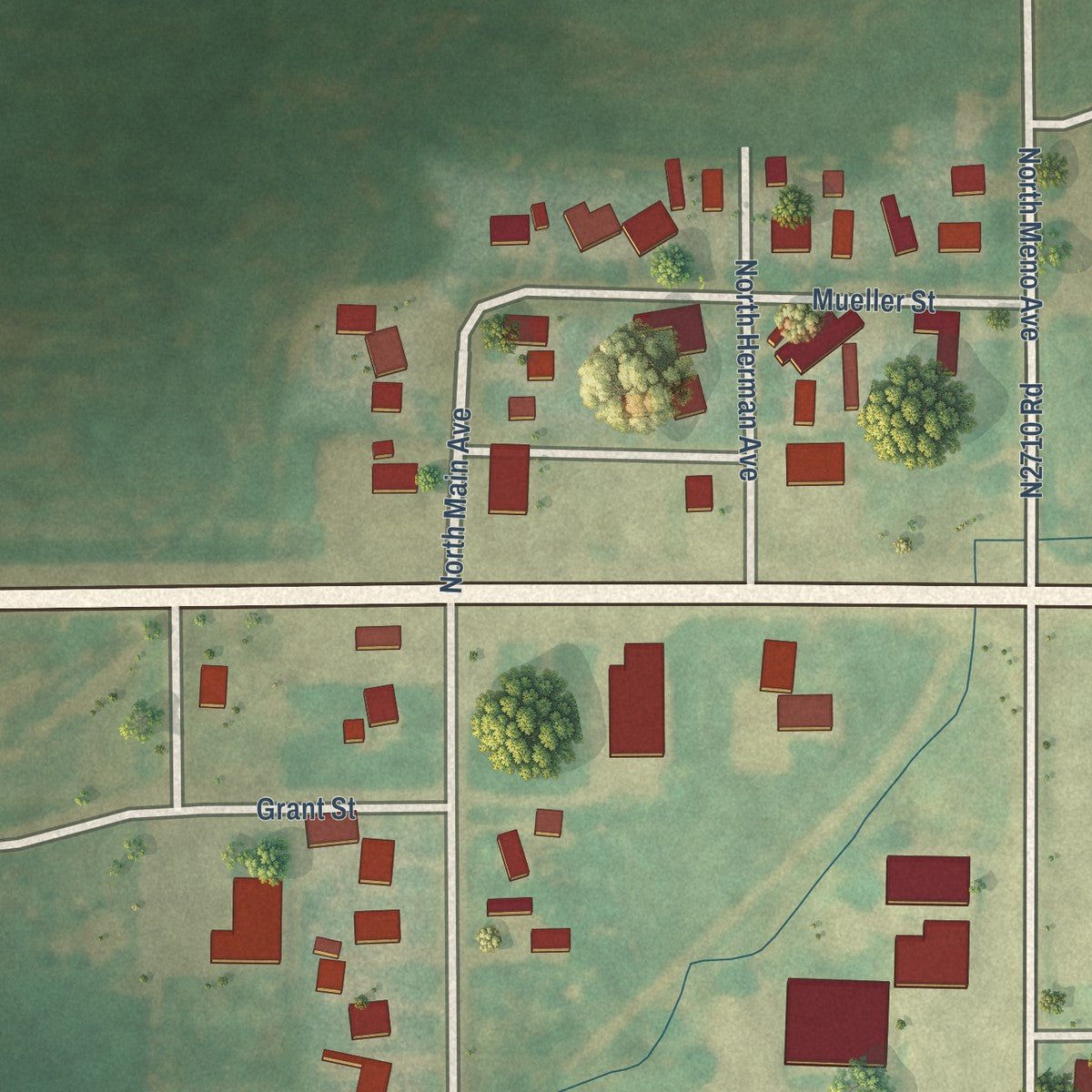 Second close-up of the map of Meno, Oklahoma print showing more streets and buildings