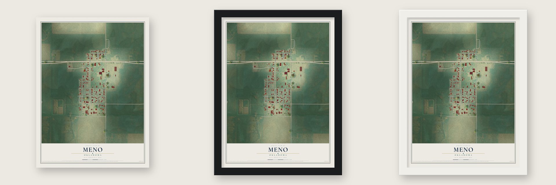 Meno, Oklahoma map unframed, in a black wood frame and in a white wood frame
