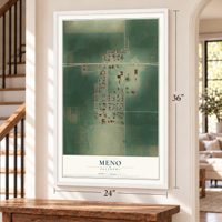 Meno, Oklahoma map, 24 x 36 inch print in a white frame by a staircase