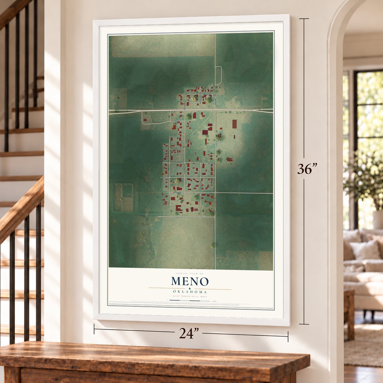 Meno, Oklahoma map, 24 x 36 inch print in a white frame by a staircase