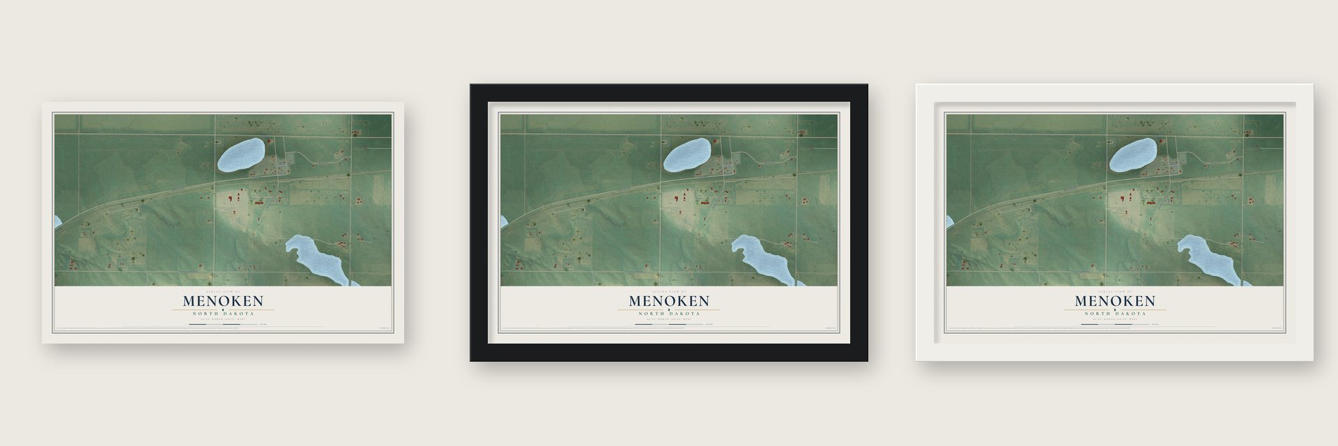 Menoken, North Dakota map unframed, in a black wood frame and in a white wood frame