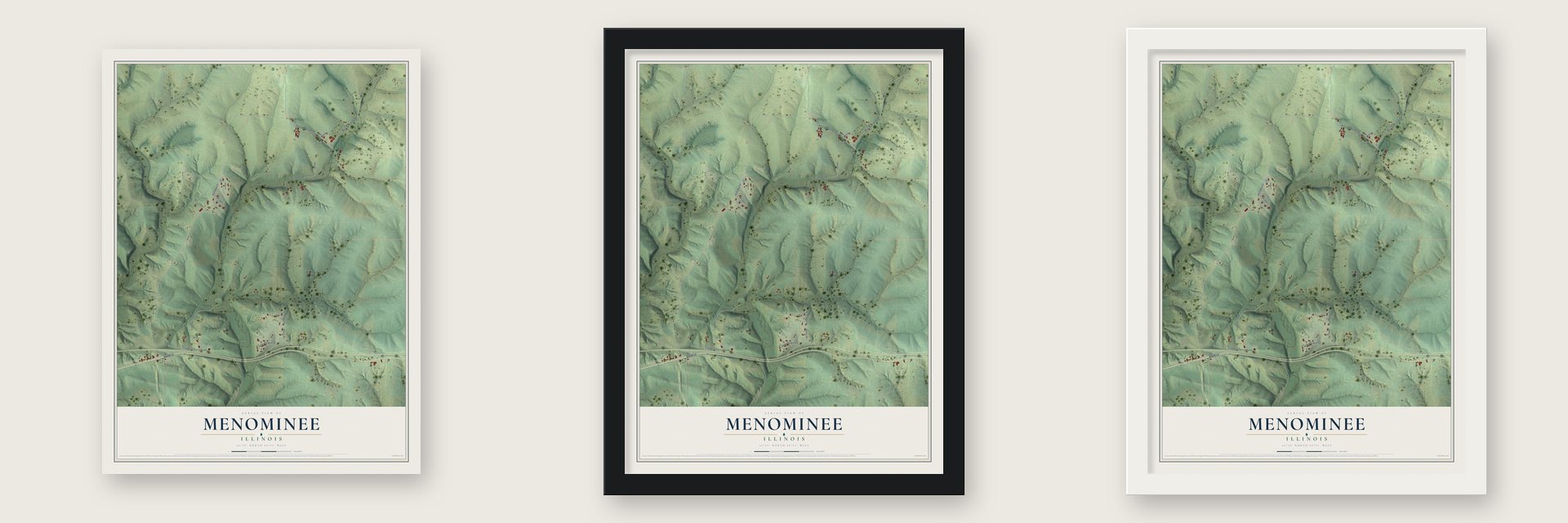 Menominee, Illinois map unframed, in a black wood frame and in a white wood frame