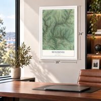 Menominee, Illinois map, 18 x 24 inch print in a white frame in a home office