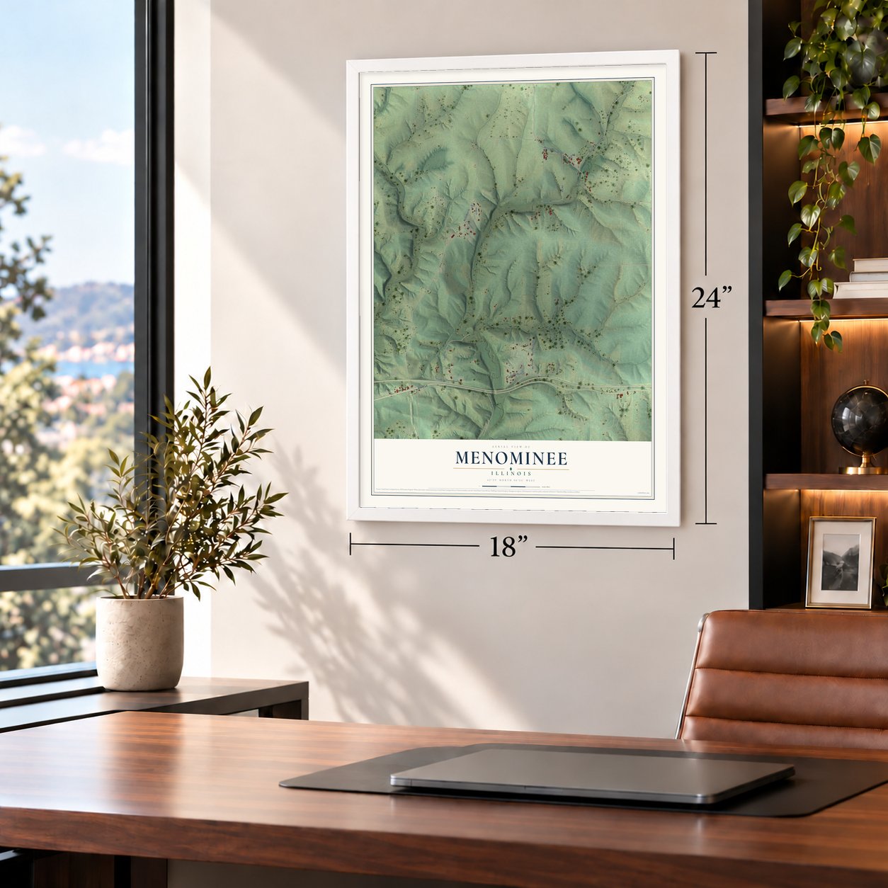 Menominee, Illinois map, 18 x 24 inch print in a white frame in a home office