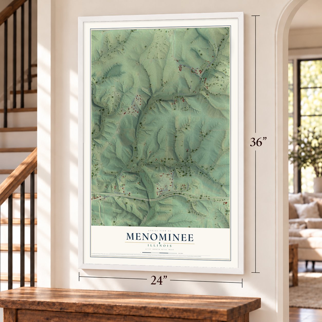 Menominee, Illinois map, 24 x 36 inch print in a white frame by a staircase