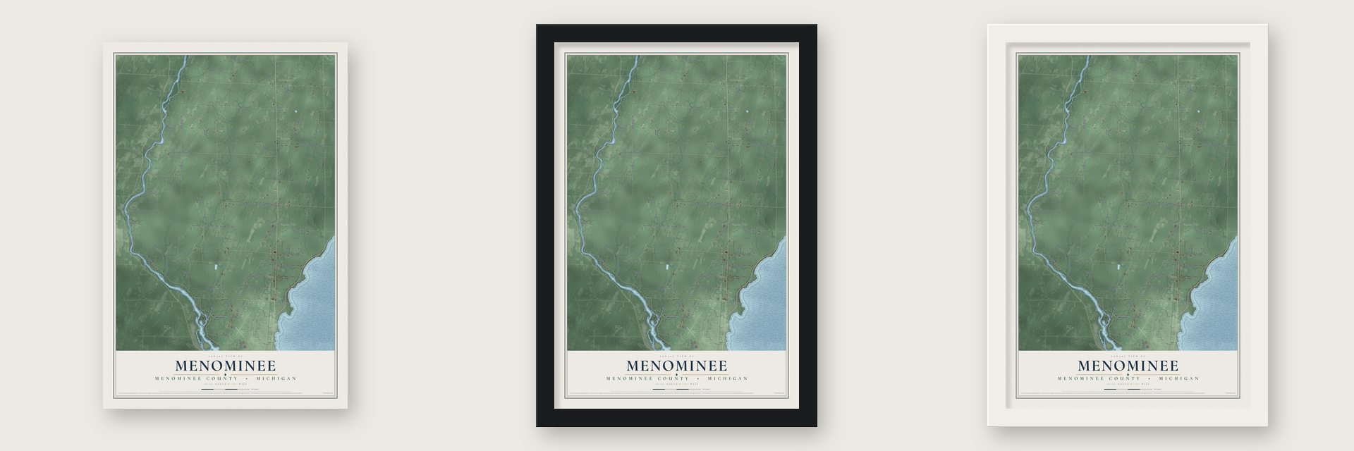 Menominee, Menominee County, Michigan map unframed, in a black wood frame and in a white wood frame