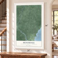 Menominee, Menominee County, Michigan map, 24 x 36 inch print in a white frame by a staircase