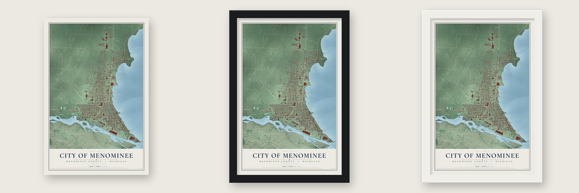 Menominee, Michigan map unframed, in a black wood frame and in a white wood frame