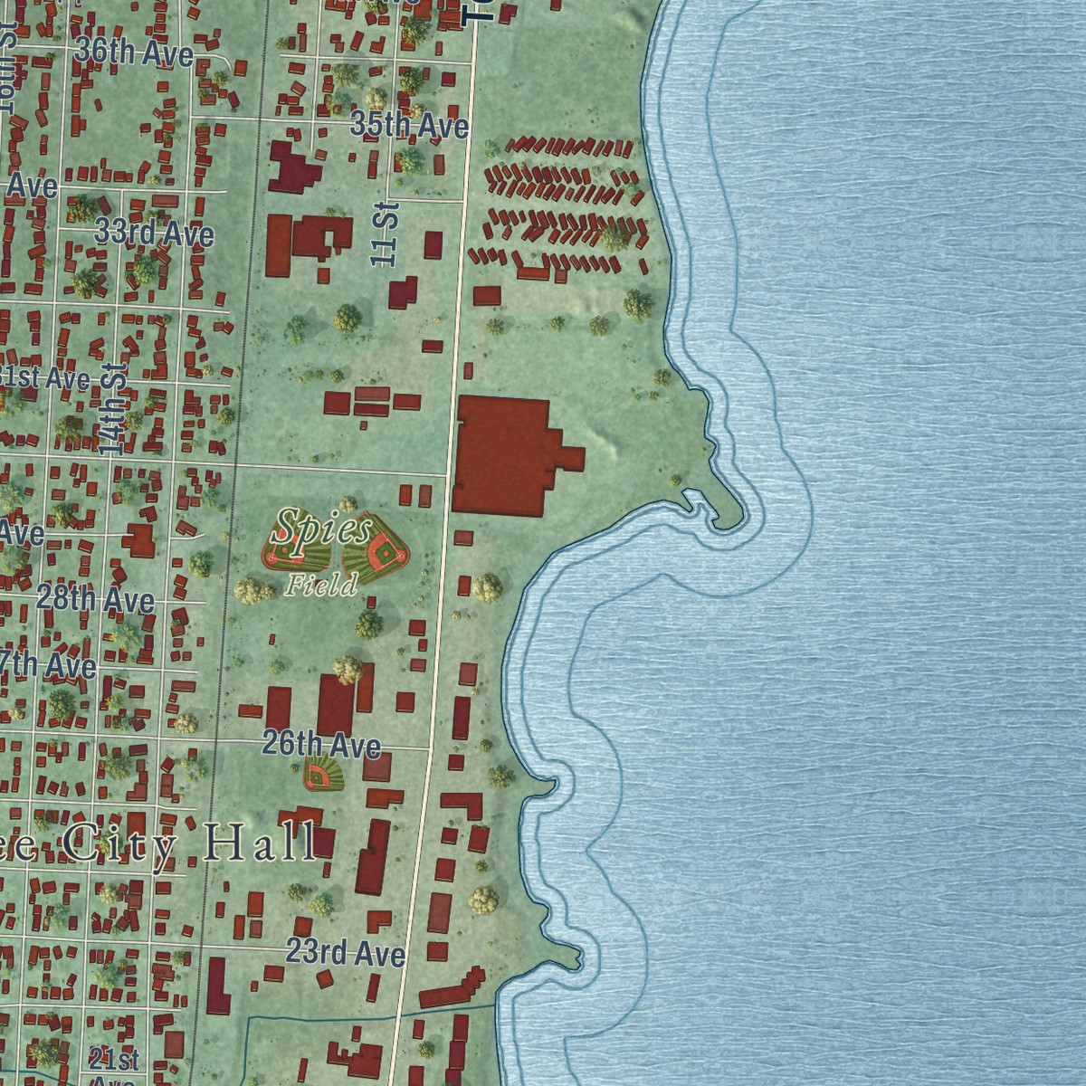Second close-up of the map of Menominee, Michigan print showing more streets and buildings
