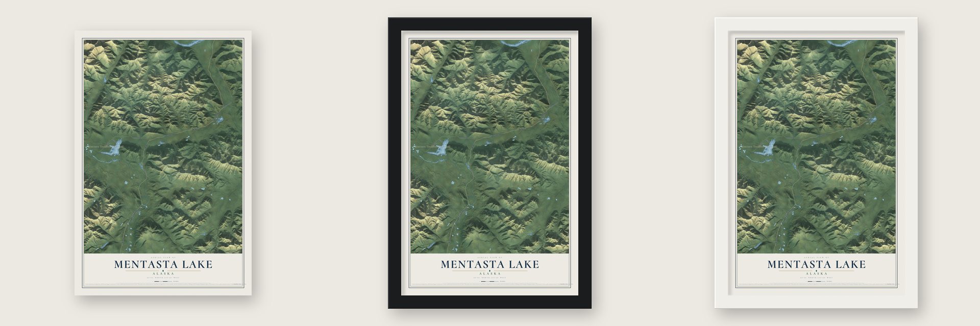 Mentasta Lake, Alaska map unframed, in a black wood frame and in a white wood frame