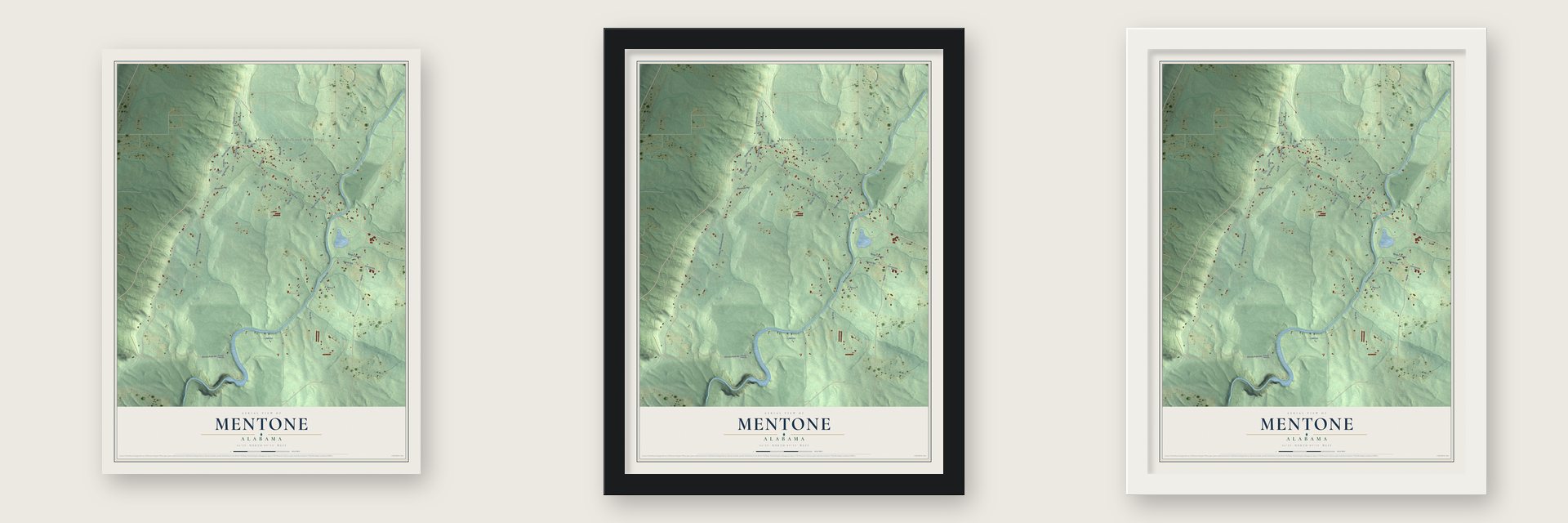 Mentone, Alabama map unframed, in a black wood frame and in a white wood frame
