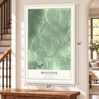 Mentone, Alabama map, 24 x 36 inch print in a white frame by a staircase