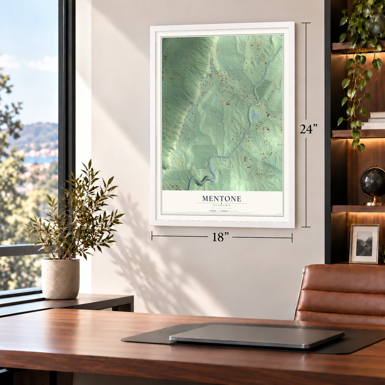 Mentone, Alabama map, 18 x 24 inch print in a white frame in a home office