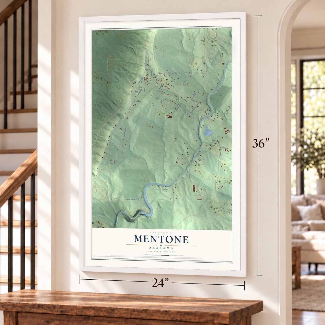 Mentone, Alabama map, 24 x 36 inch print in a white frame by a staircase