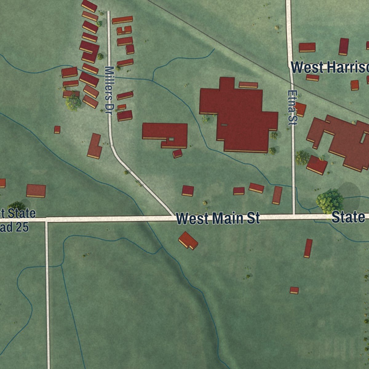 Second close-up of the map of Mentone, Indiana print showing more streets and buildings