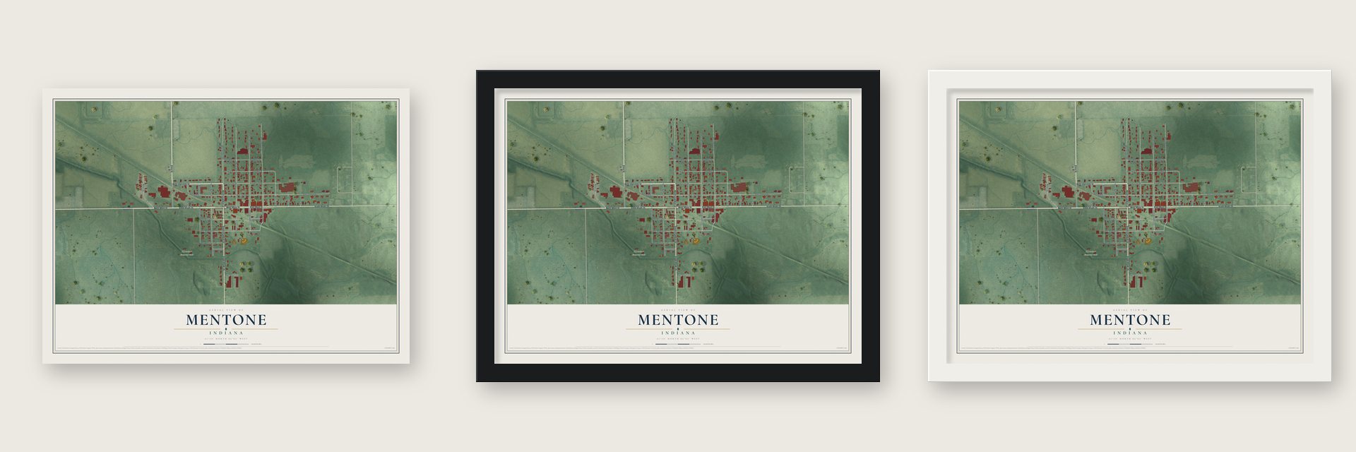 Mentone, Indiana map unframed, in a black wood frame and in a white wood frame