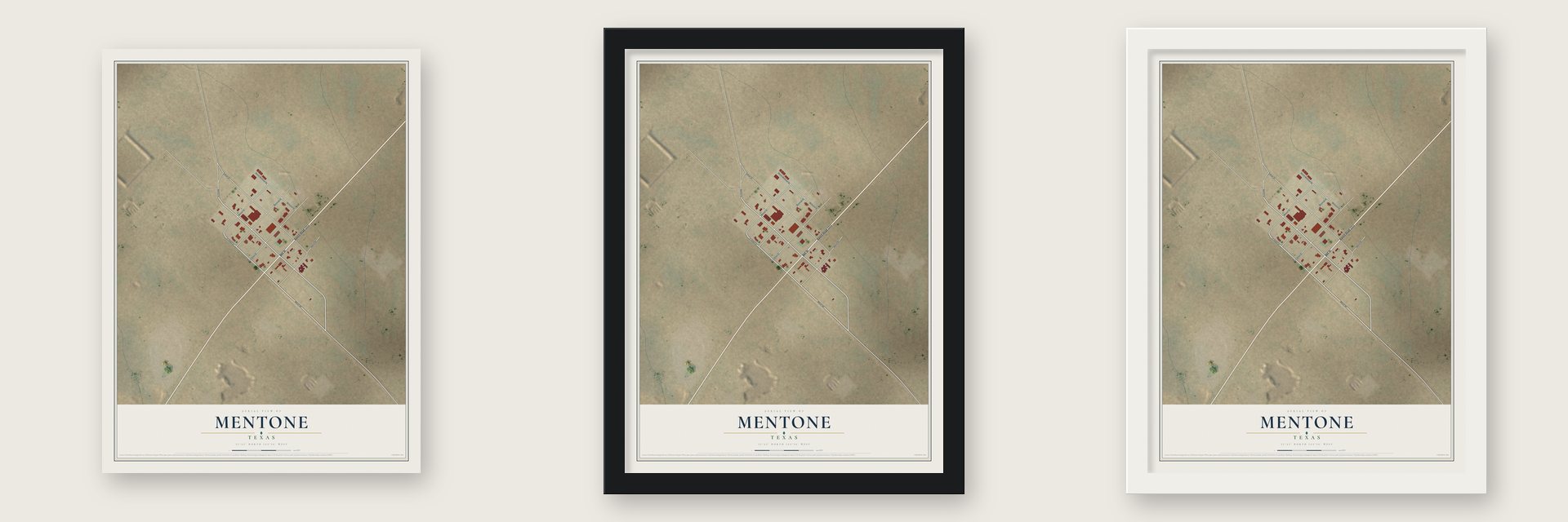 Mentone, Texas map unframed, in a black wood frame and in a white wood frame