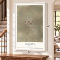 Mentone, Texas map, 24 x 36 inch print in a white frame by a staircase