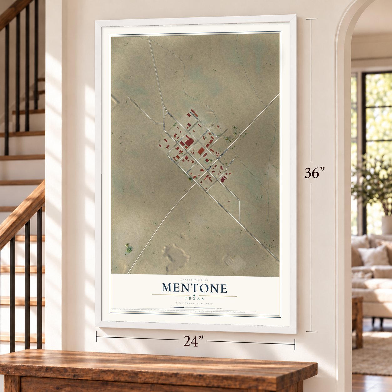 Mentone, Texas map, 24 x 36 inch print in a white frame by a staircase