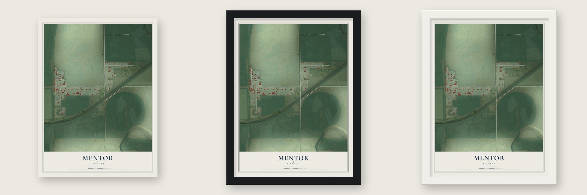 Mentor, Kansas map unframed, in a black wood frame and in a white wood frame
