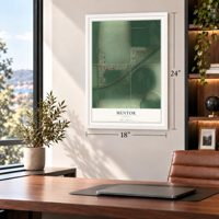Mentor, Kansas map, 18 x 24 inch print in a white frame in a home office