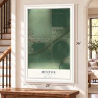 Mentor, Kansas map, 24 x 36 inch print in a white frame by a staircase