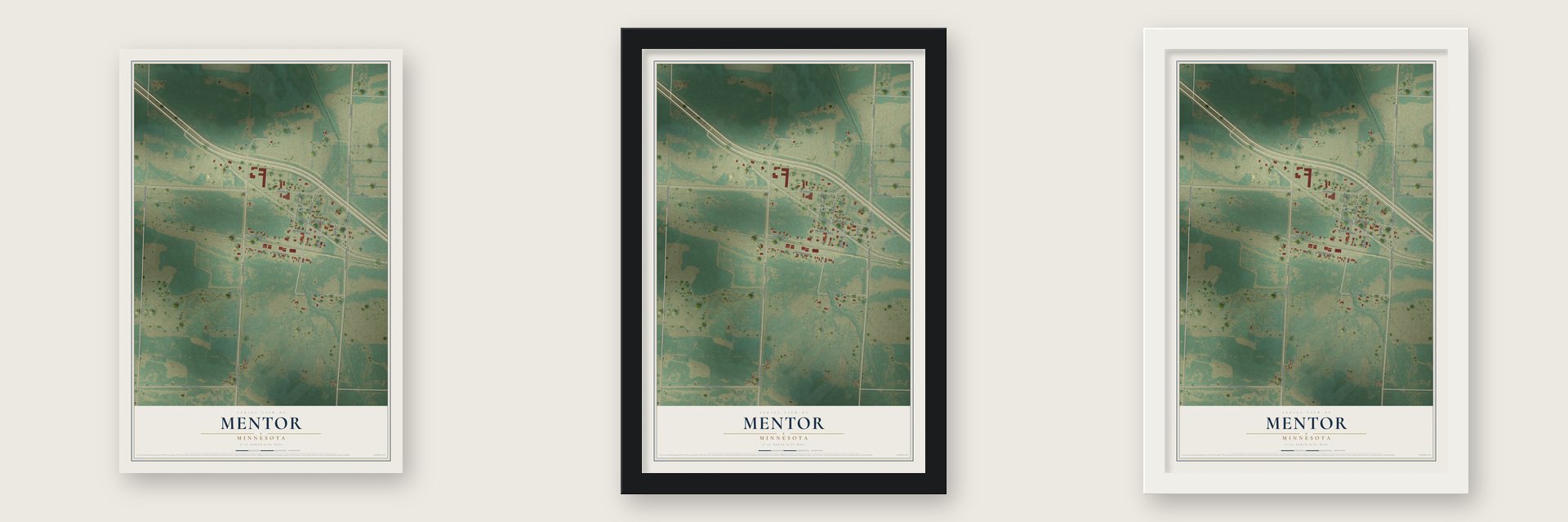 Mentor, Minnesota map unframed, in a black wood frame and in a white wood frame