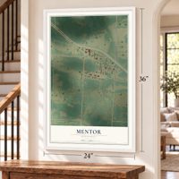 Mentor, Minnesota map, 24 x 36 inch print in a white frame by a staircase