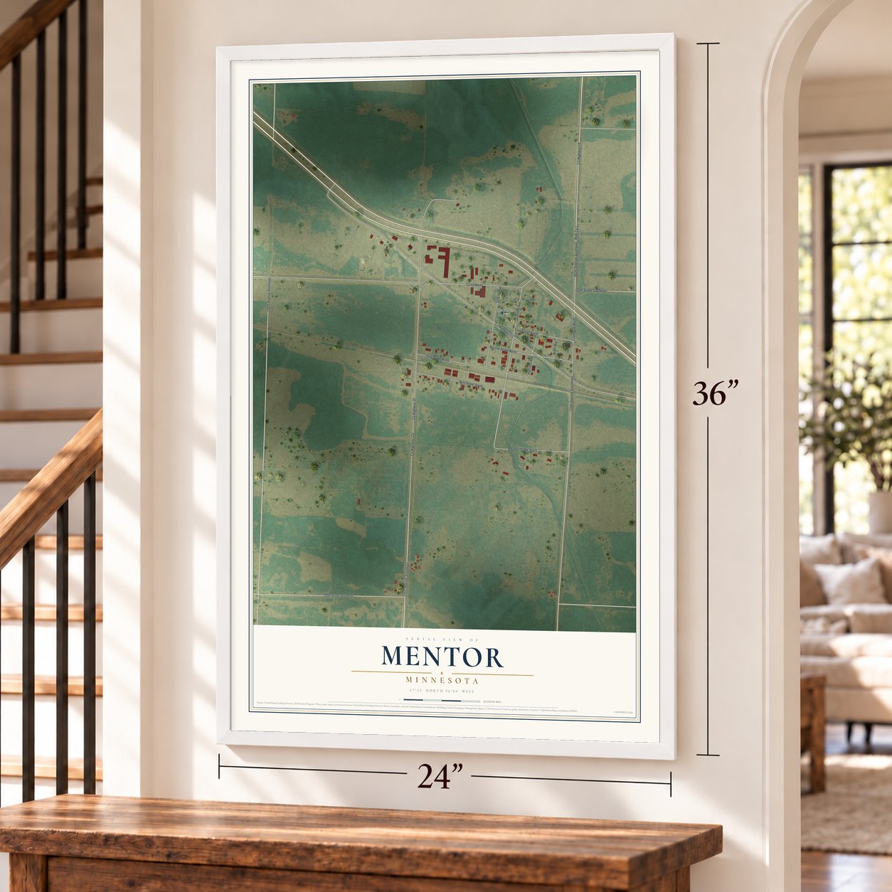 Mentor, Minnesota map, 24 x 36 inch print in a white frame by a staircase