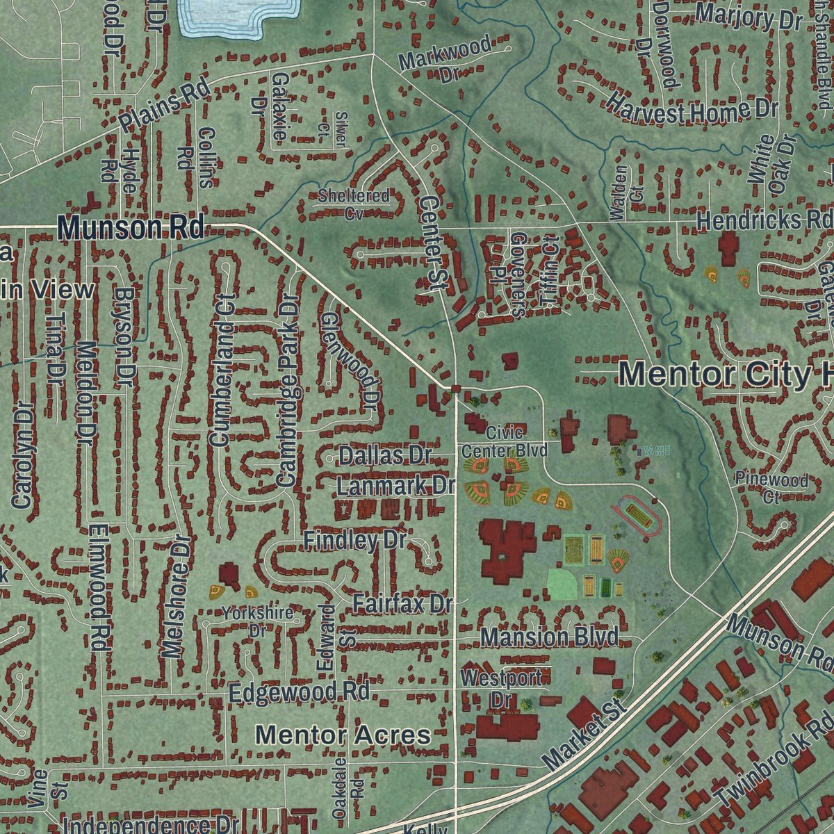 Second close-up of the map of Mentor, Ohio print showing more streets and buildings