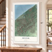 Mentor, Ohio map, 24 x 36 inch print in a white frame by a staircase