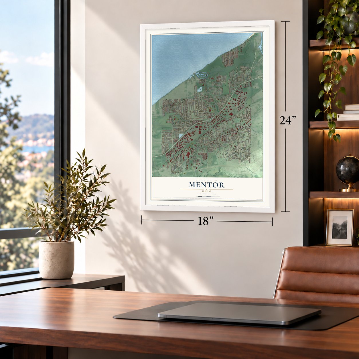 Mentor, Ohio map, 18 x 24 inch print in a white frame in a home office