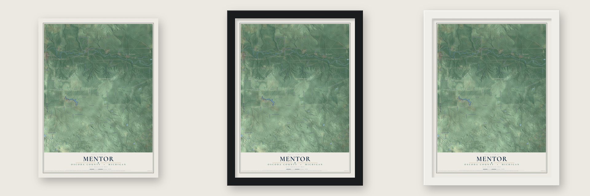 Mentor, Oscoda County, Michigan map unframed, in a black wood frame and in a white wood frame