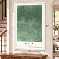 Mentor, Oscoda County, Michigan map, 24 x 36 inch print in a white frame by a staircase